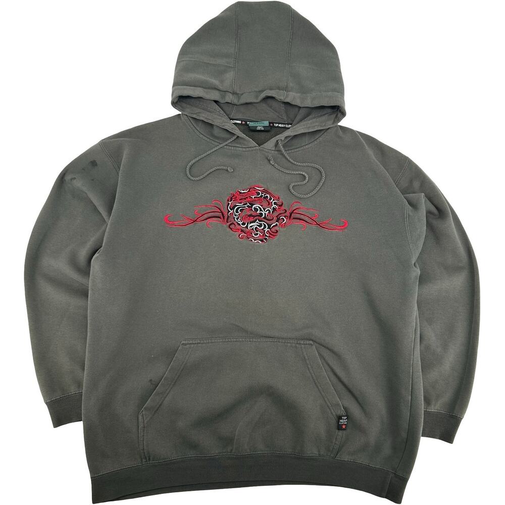 Vintage y2k Mens Grey Red Embroidered Top Heavy Dragon Grunge Tribal Hoodie Sz L
